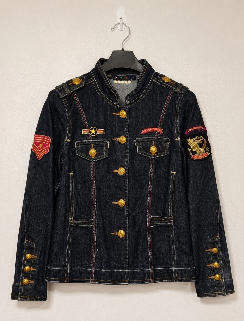 COOGI Kids Girls L 10-12 Denim Jacket Military Patches Dark Wash Y2K Couture